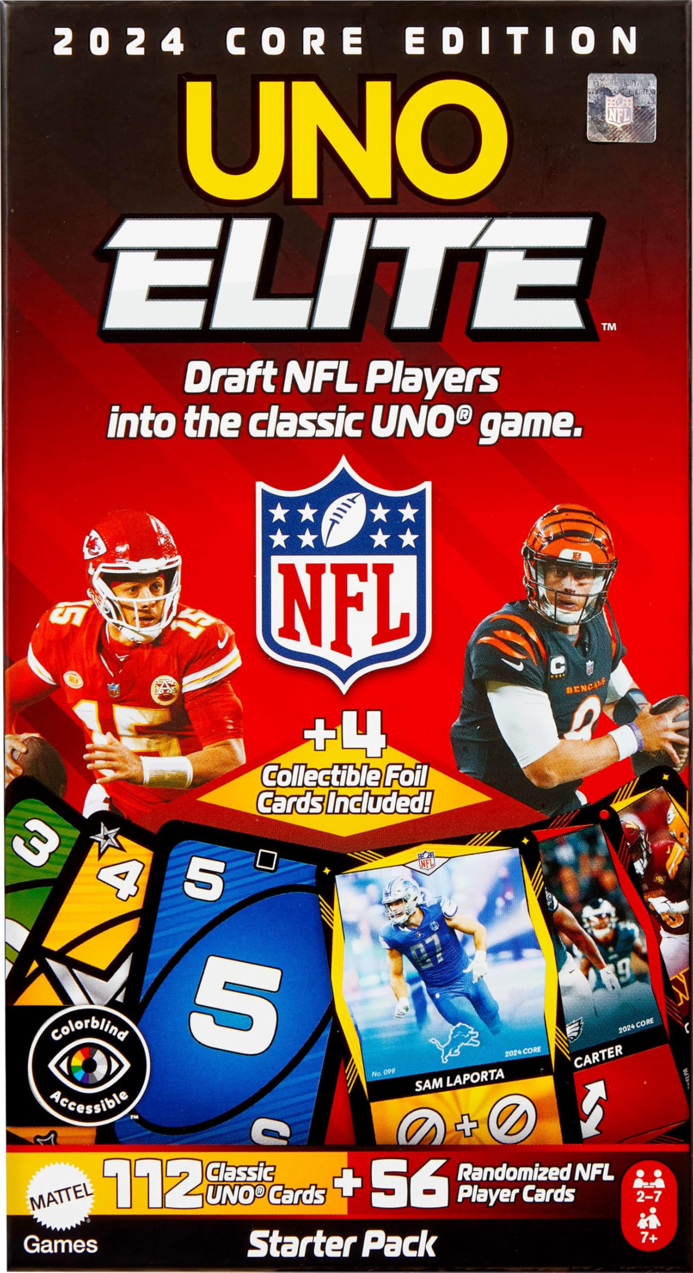 UNO Elite NFL Core Edition 2024 – Mattel Games | 4 Collectible Foil Cards