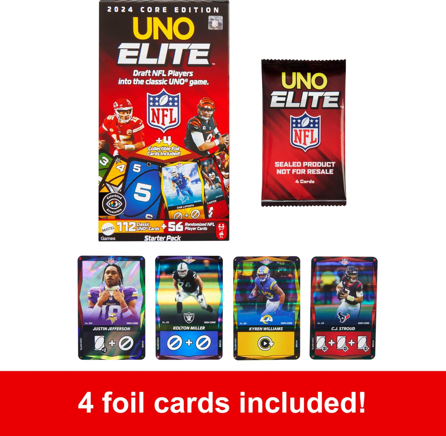UNO Elite NFL Core Edition 2024 – Mattel Games | 4 Collectible Foil Cards