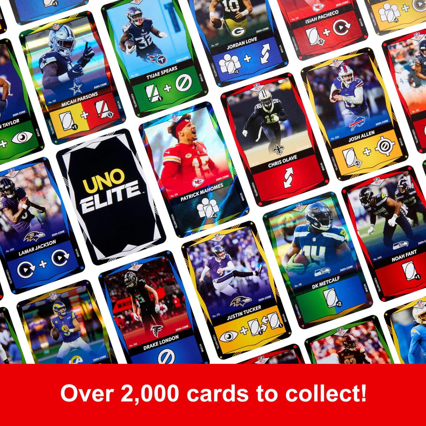UNO Elite NFL Core Edition 2024 – Mattel Games | 4 Collectible Foil Cards
