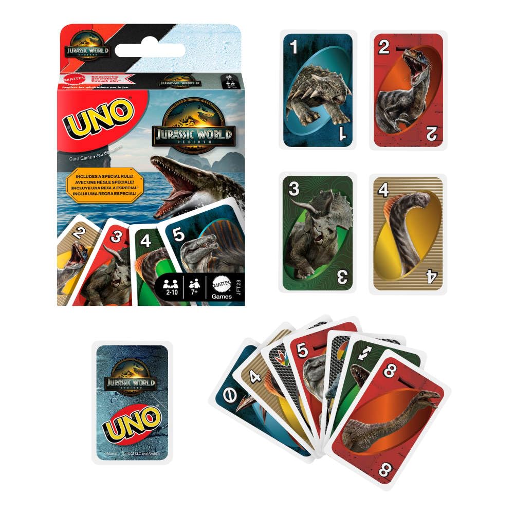Mattel Games UNO Jurassic World Rebirth Card Game – Family Night Fun with the T. Rex Attack