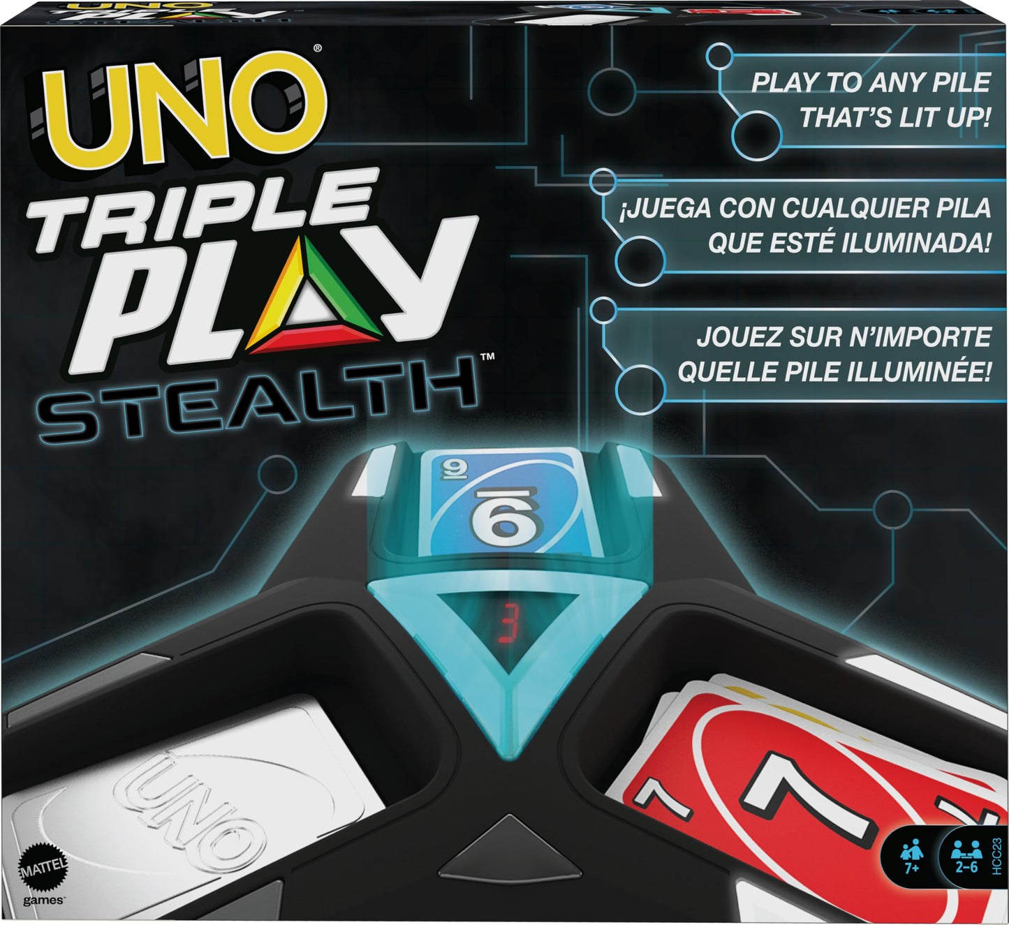 Mattel Games UNO Triple Play Card Game – 3 Piles, Lights & Sounds, Stealth Mode