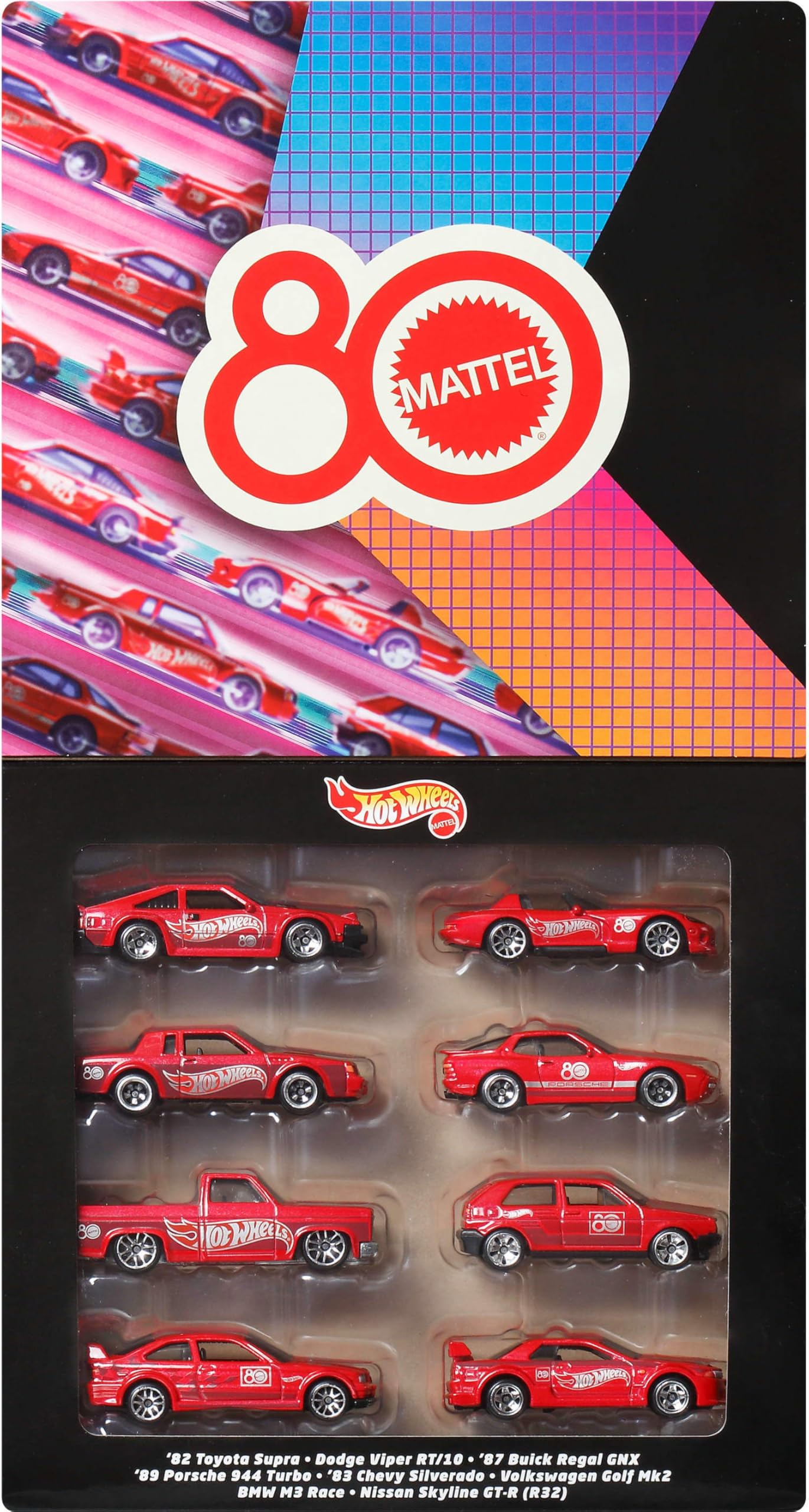 Mattel Hot Wheels 8-Pack 1:64 Die-Cast Cars & Trucks – 80th Anniversary Deco