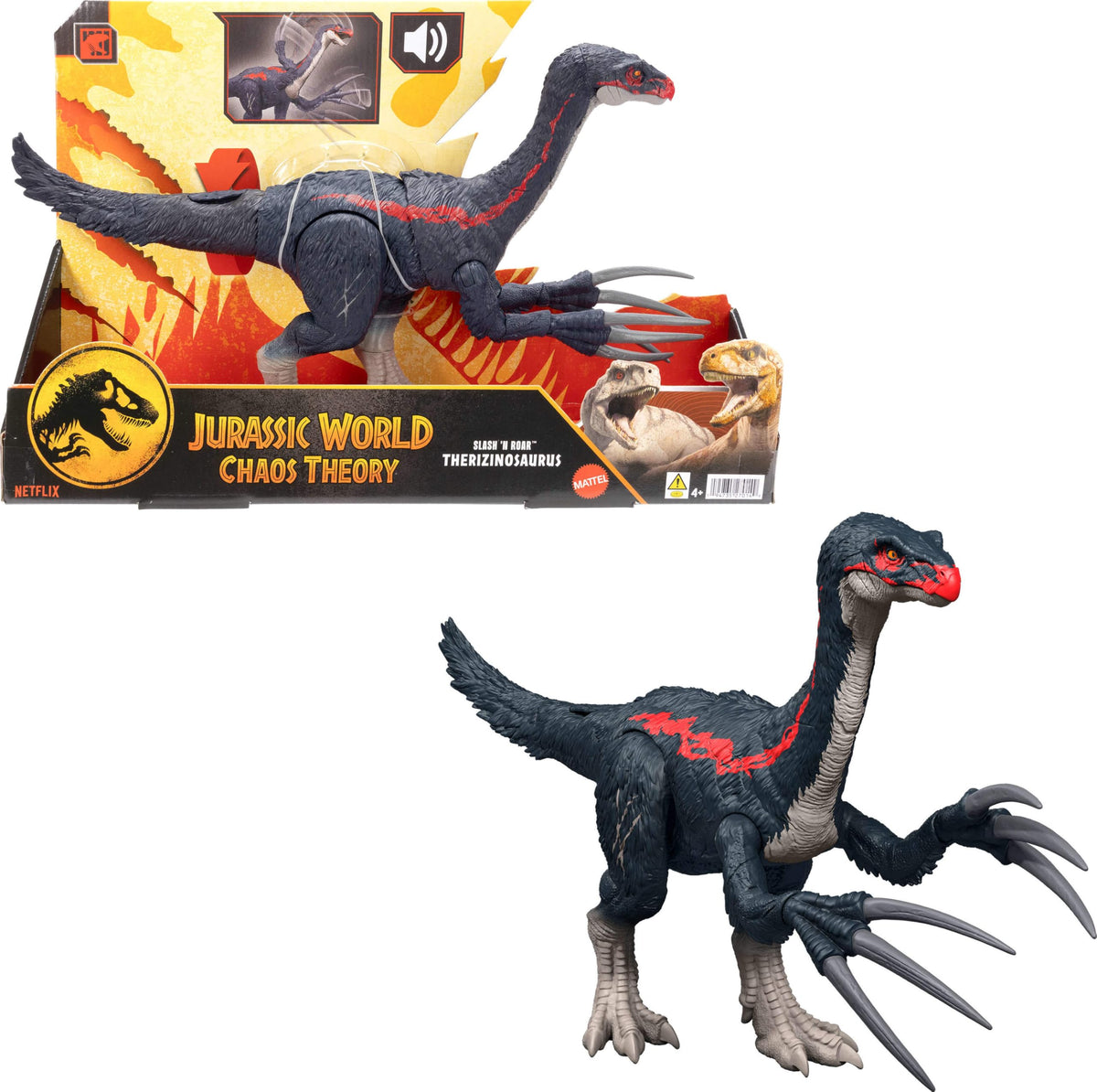 Mattel Jurassic World Chaos Theory Therizinosaurus Slash N Roar Action Figure Toy – Claw Attack & Sound, Digital Play