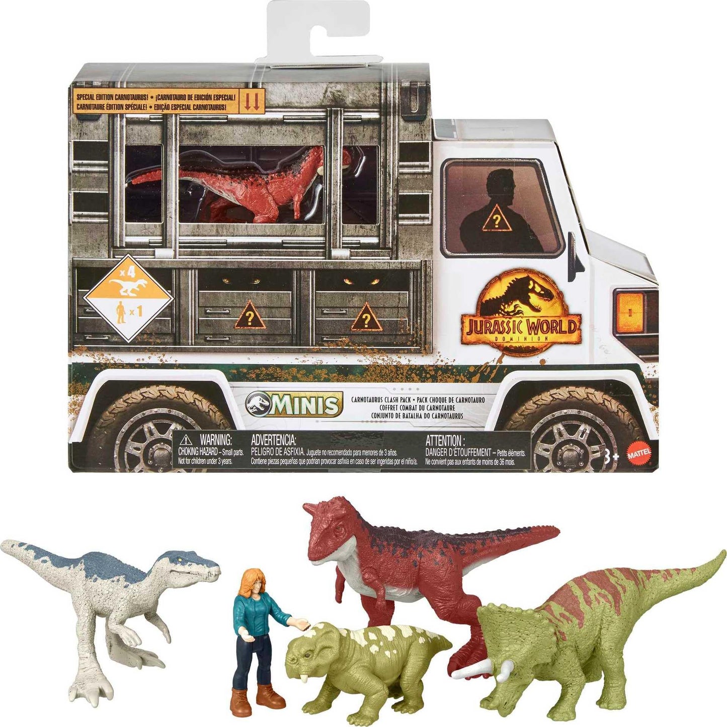Mattel Jurassic World Dominion Carnotaurus Clash Pack – 5 Mini Figures in Truck-Themed Package