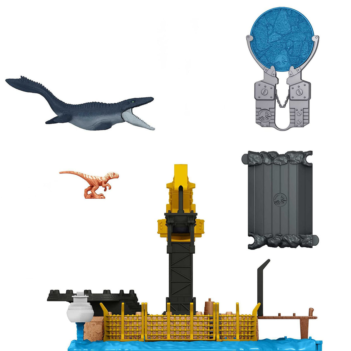 Mattel Jurassic World Dominion Minis Mosasaurus Mayhem Playset | 2 Mini Figures & Break-Away Crane