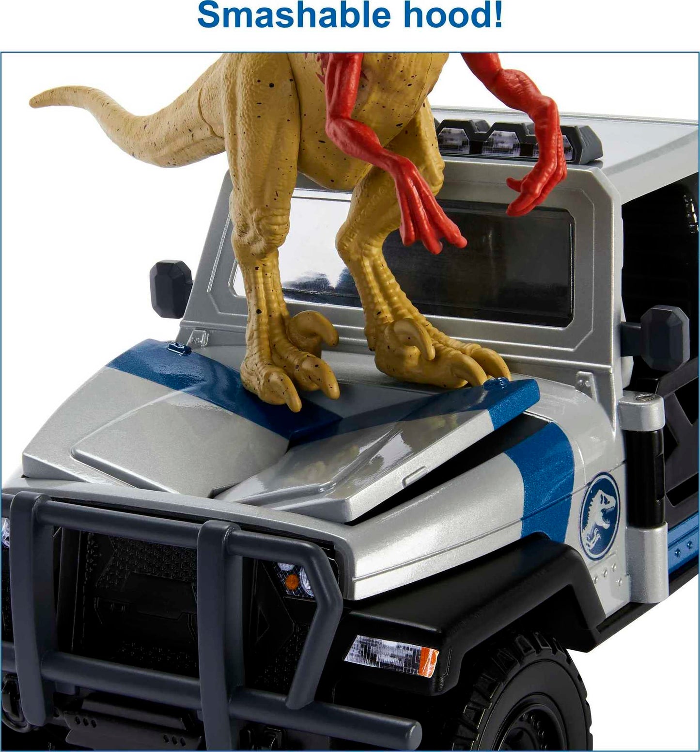 Mattel Jurassic World Search 'n Smash Truck Set with Atrociraptor & Mercenary Figure – Destruct Front Hood