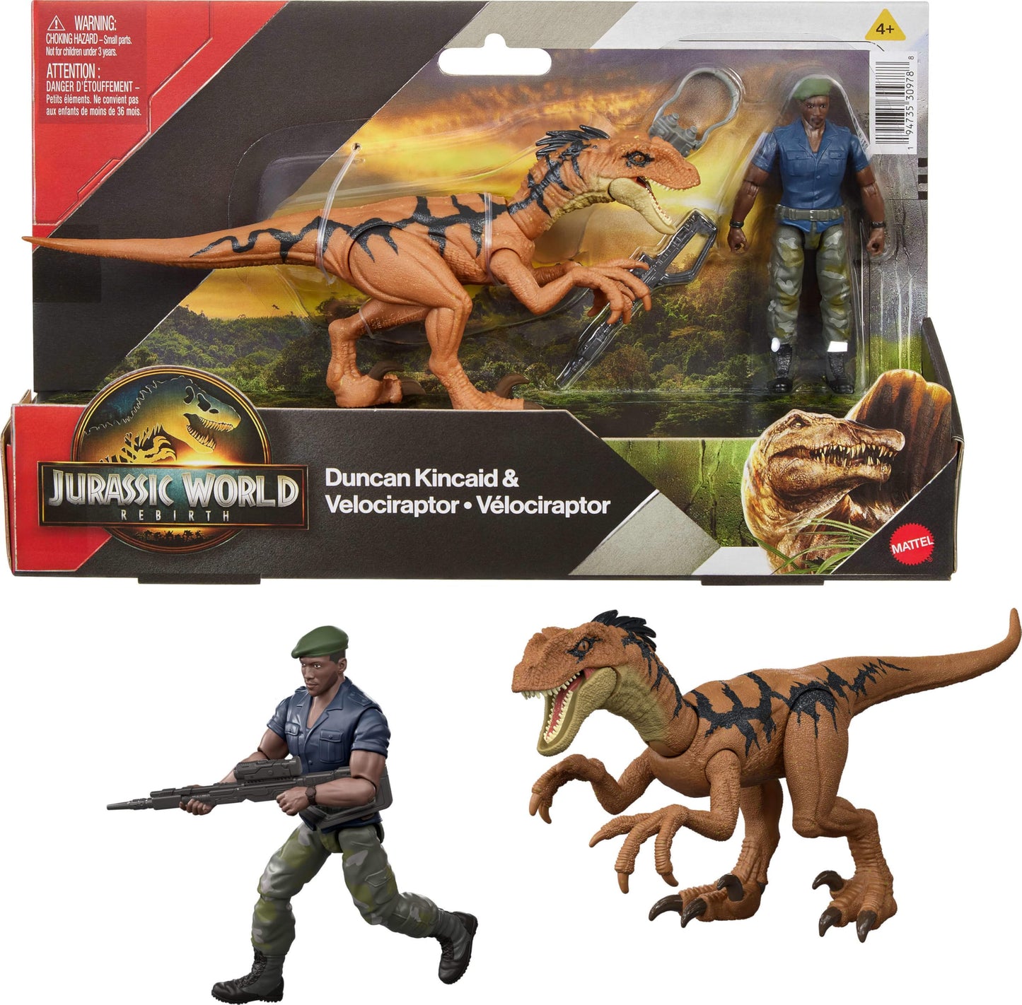 Mattel Jurassic World Rebirth: Duncan Kincaid & Velociraptor Figures – 3.75-Inch Posable Pack