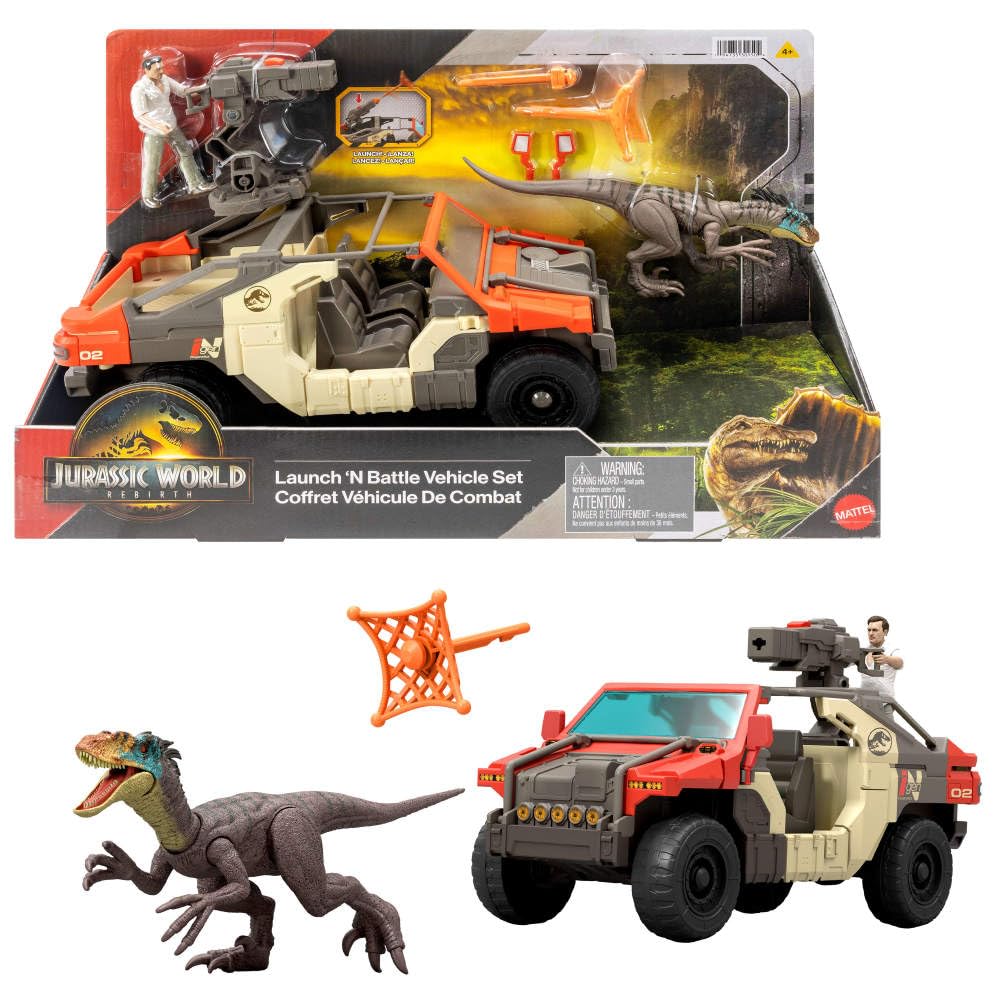 Mattel Jurassic World Rebirth Launch N Battle Vehicle with Velociraptor