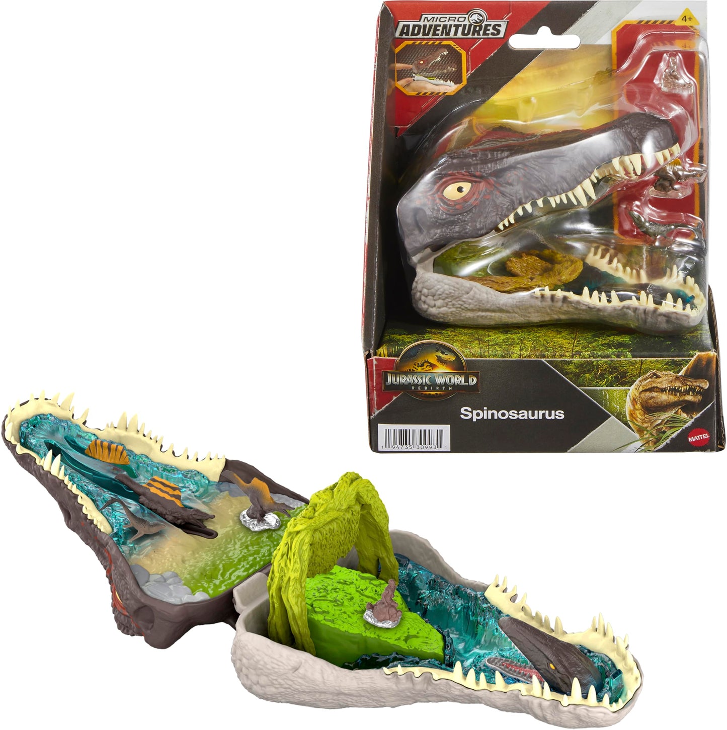 Mattel Jurassic World Rebirth Micro Adventure Playset – Spinosaurus Head with 4 Interactive Features & 3 Figures