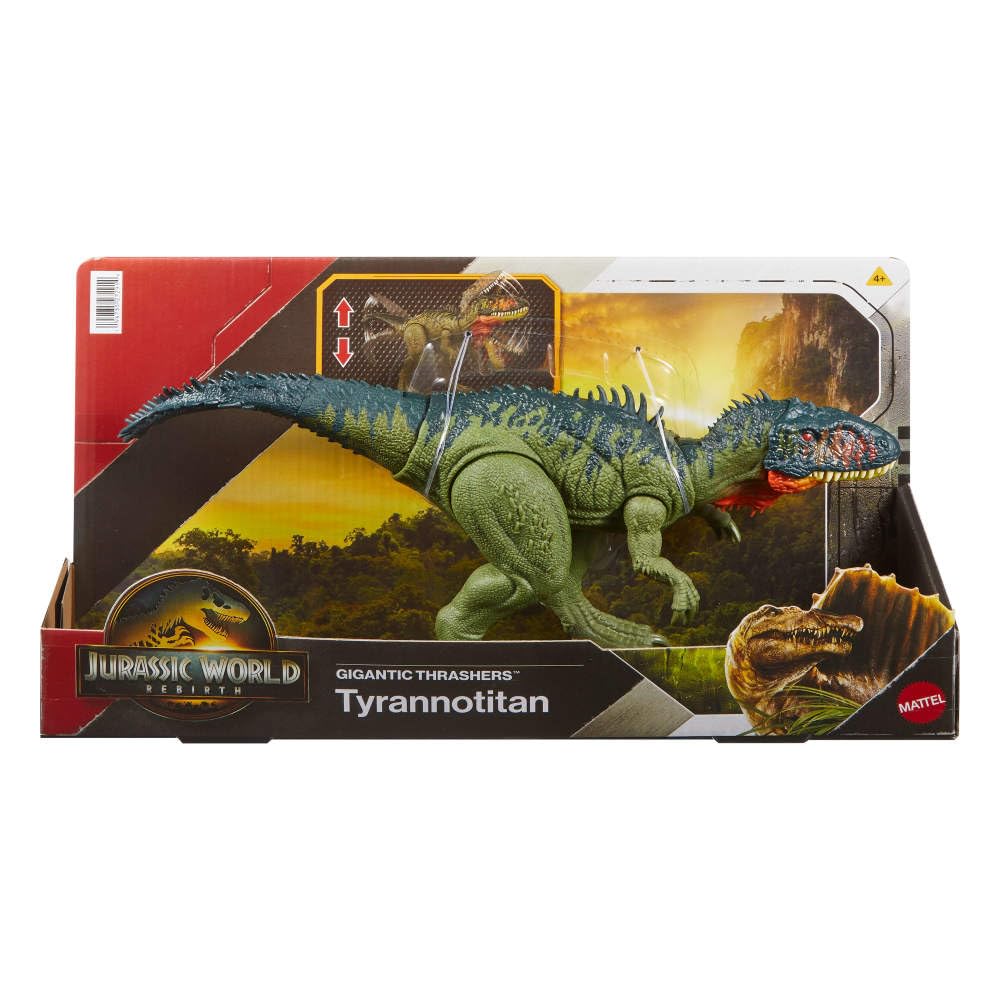 Mattel Jurassic World Rebirth Tyrannotitian – Gigantic Thrashers Dinosaur Figure, 2 Tail Attacks, AR Play