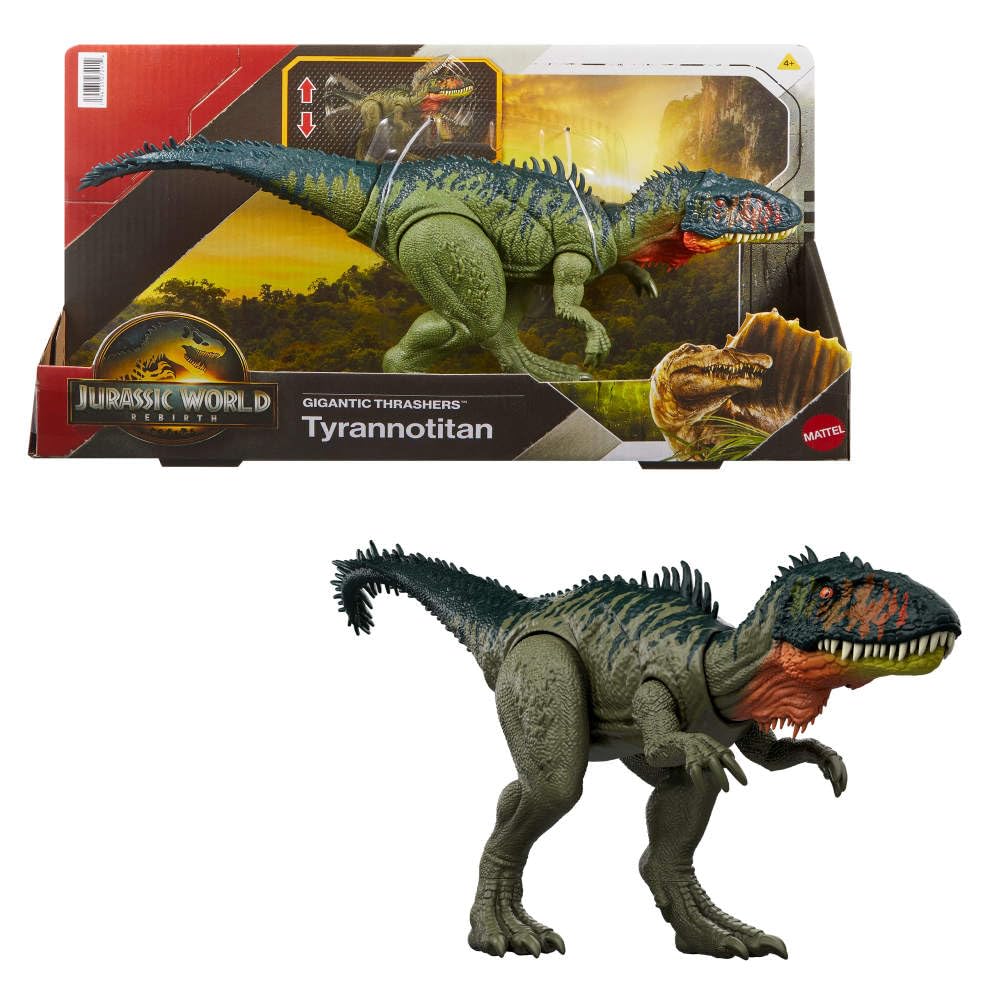 Mattel Jurassic World Rebirth Tyrannotitian – Gigantic Thrashers Dinosaur Figure, 2 Tail Attacks, AR Play