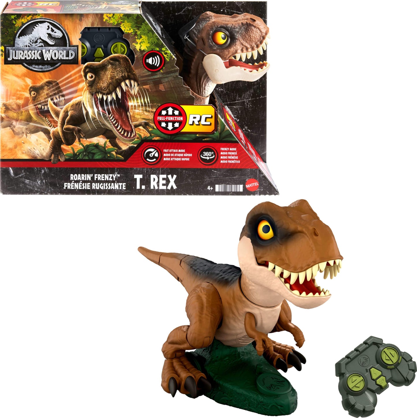 Mattel Jurassic World Roarin’ Frenzy T Rex RC Toy — 16-Inch Remote-Control Dinosaur with Turbo & Frenzy Modes