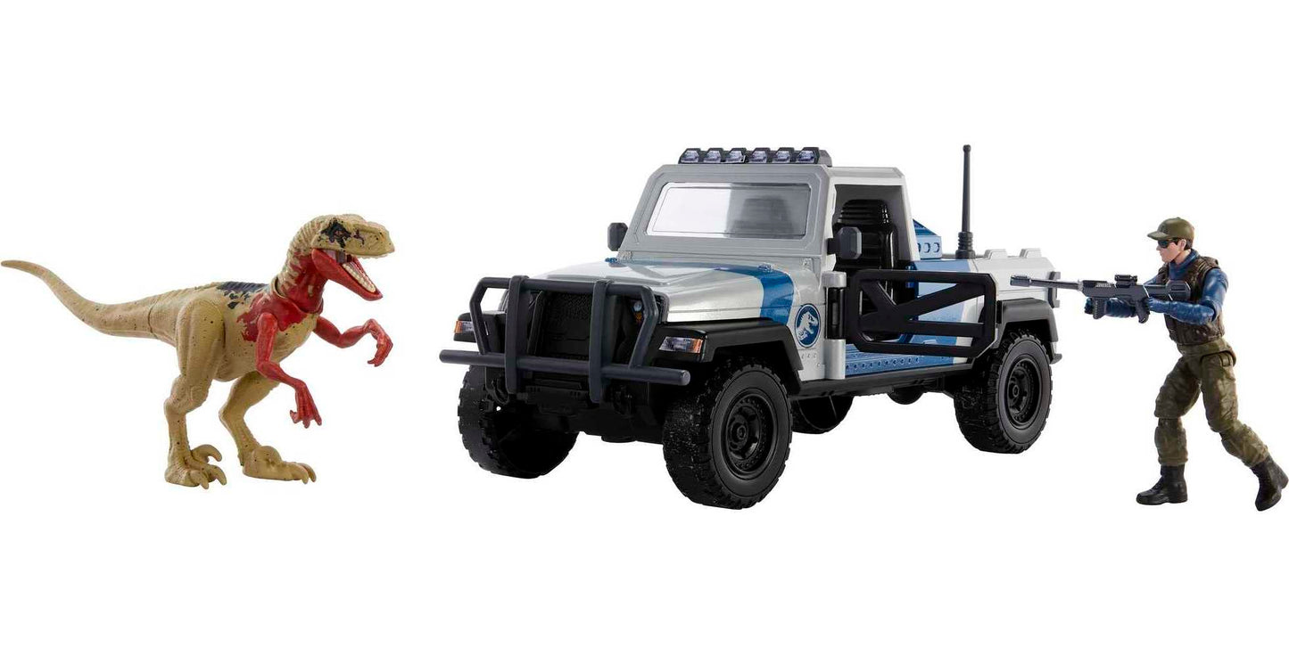 Mattel Jurassic World Search 'n Smash Truck Set with Atrociraptor & Mercenary Figure – Destruct Front Hood