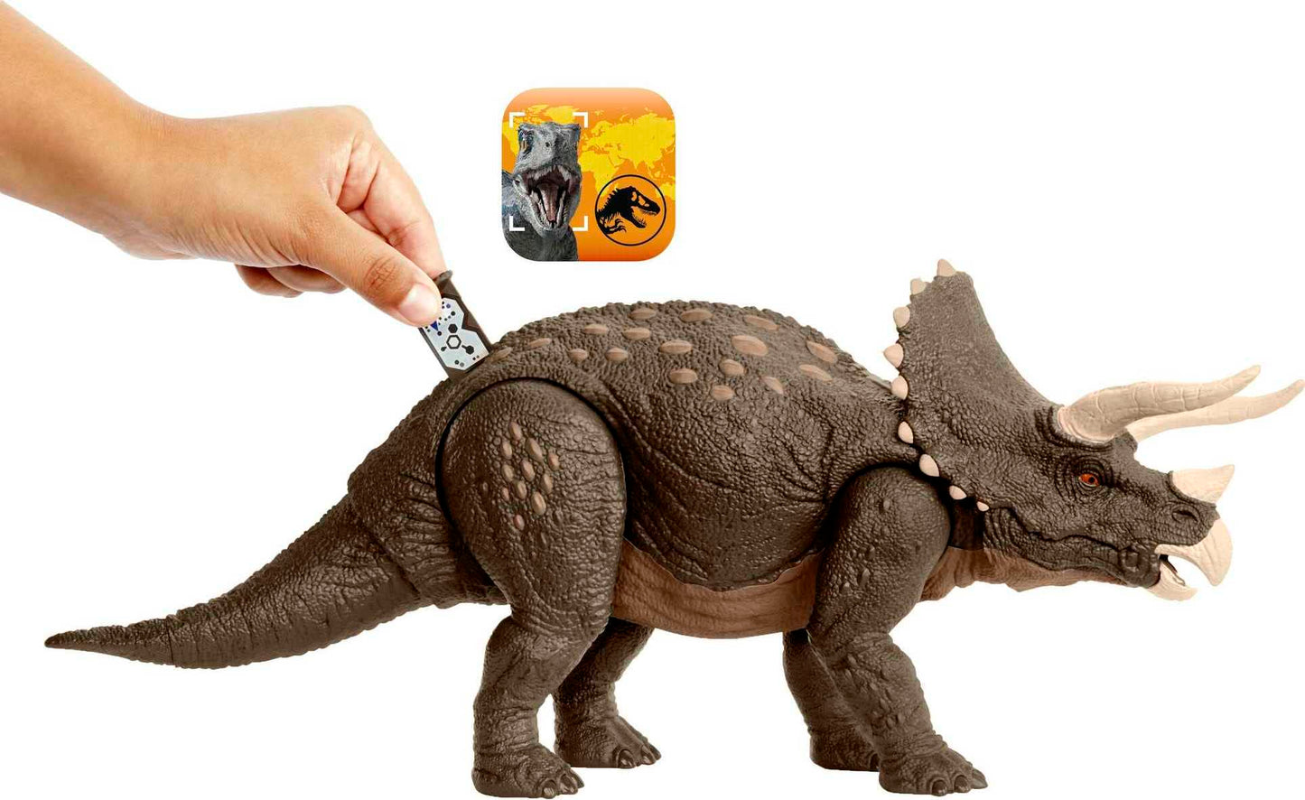 Mattel Jurassic World Habitat Defender Triceratops — 60% ISCC-certified Plastics, Desert Habitat, AR Play