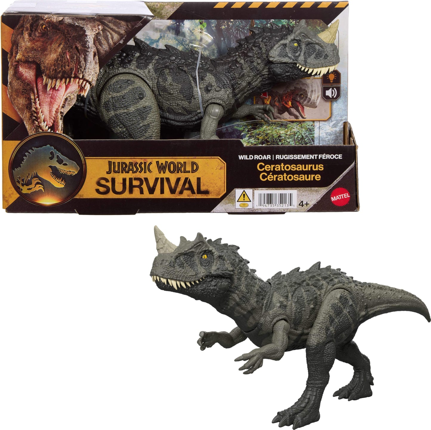 Mattel Jurassic World Wild Roar Ceratosaurus – Chomp Attack, Light-Up, Roar Sound, App Scan