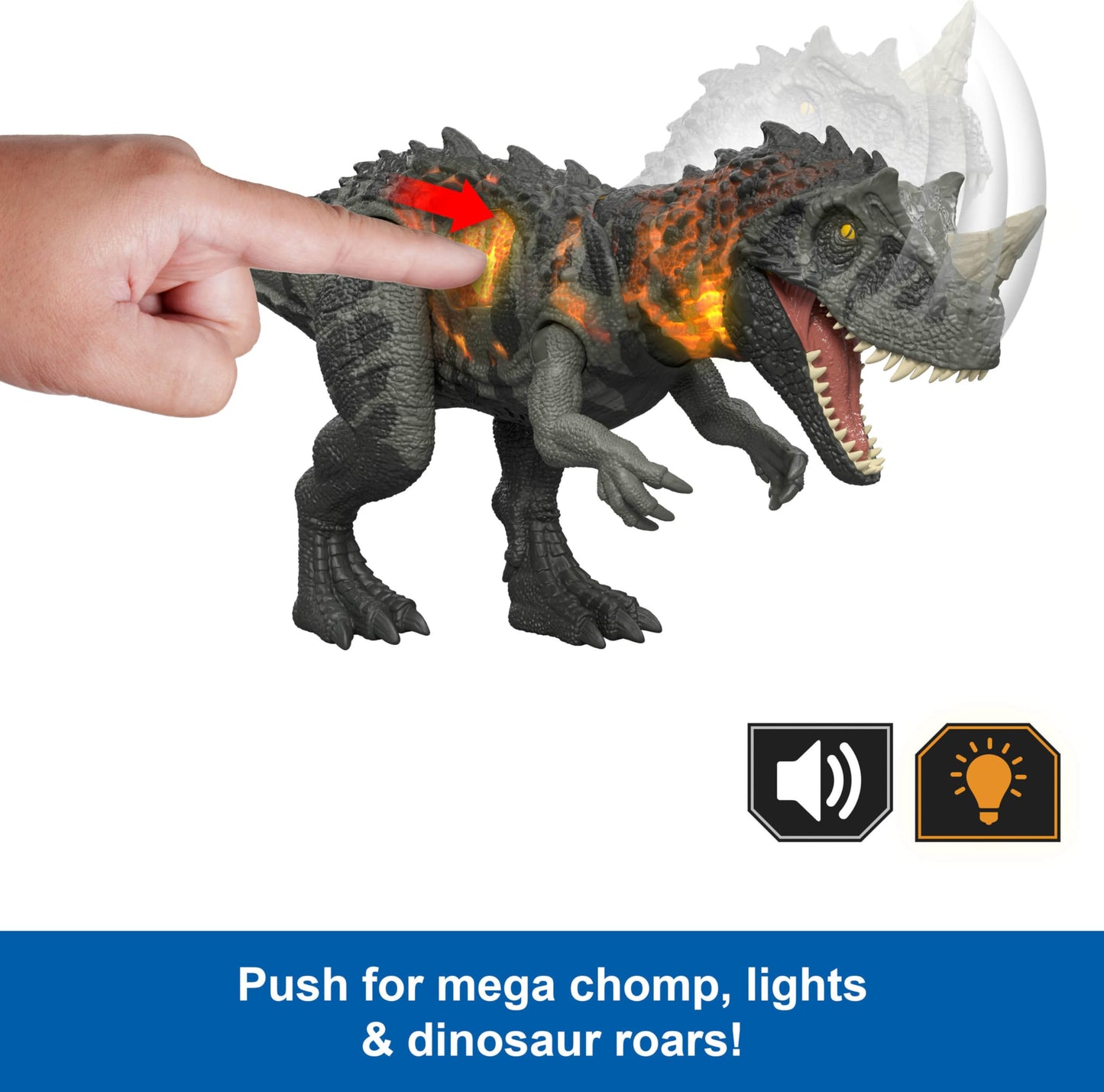 Mattel Jurassic World Wild Roar Ceratosaurus – Chomp Attack, Light-Up, Roar Sound, App Scan