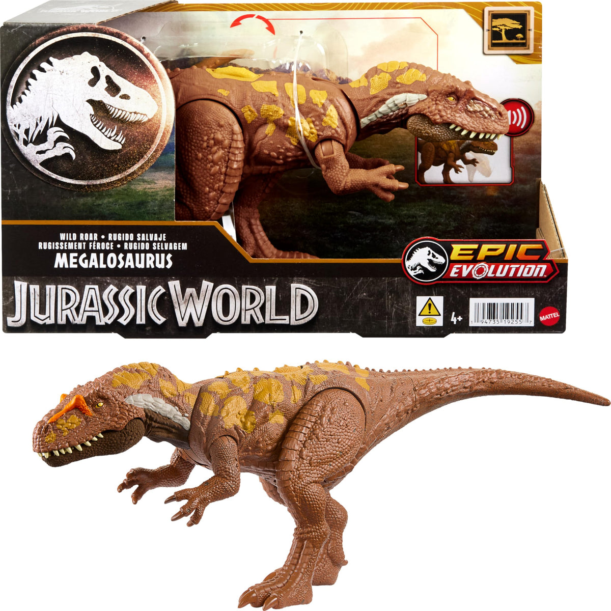 Mattel Jurassic World Wild Roar Megalosaurus: 11-Inch Action Figure with Sound, Spin-Wheel Attack & AR Play