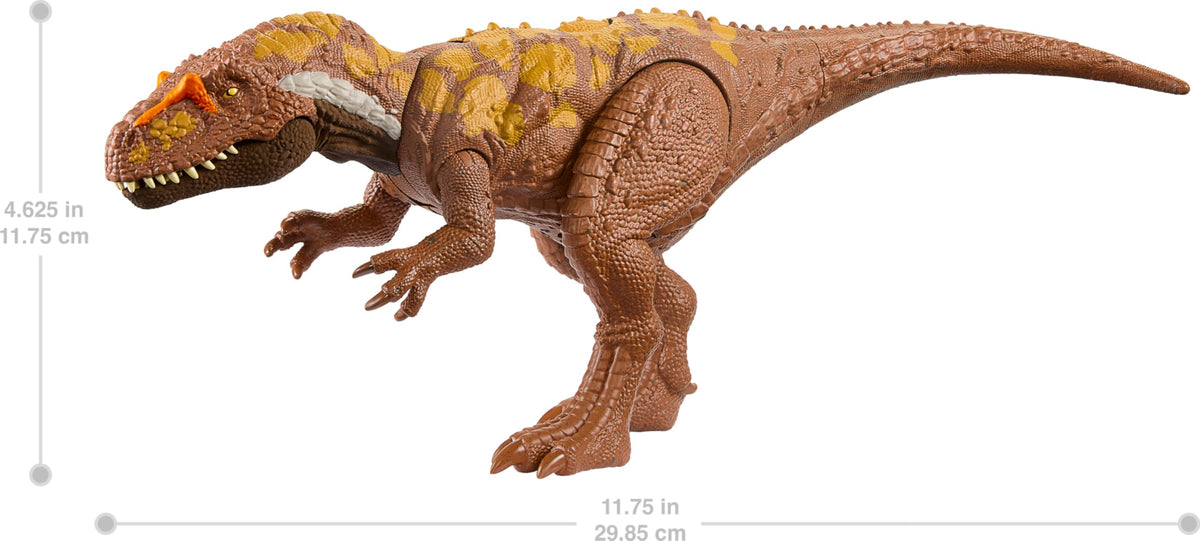 Mattel Jurassic World Wild Roar Megalosaurus: 11-Inch Action Figure with Sound, Spin-Wheel Attack & AR Play