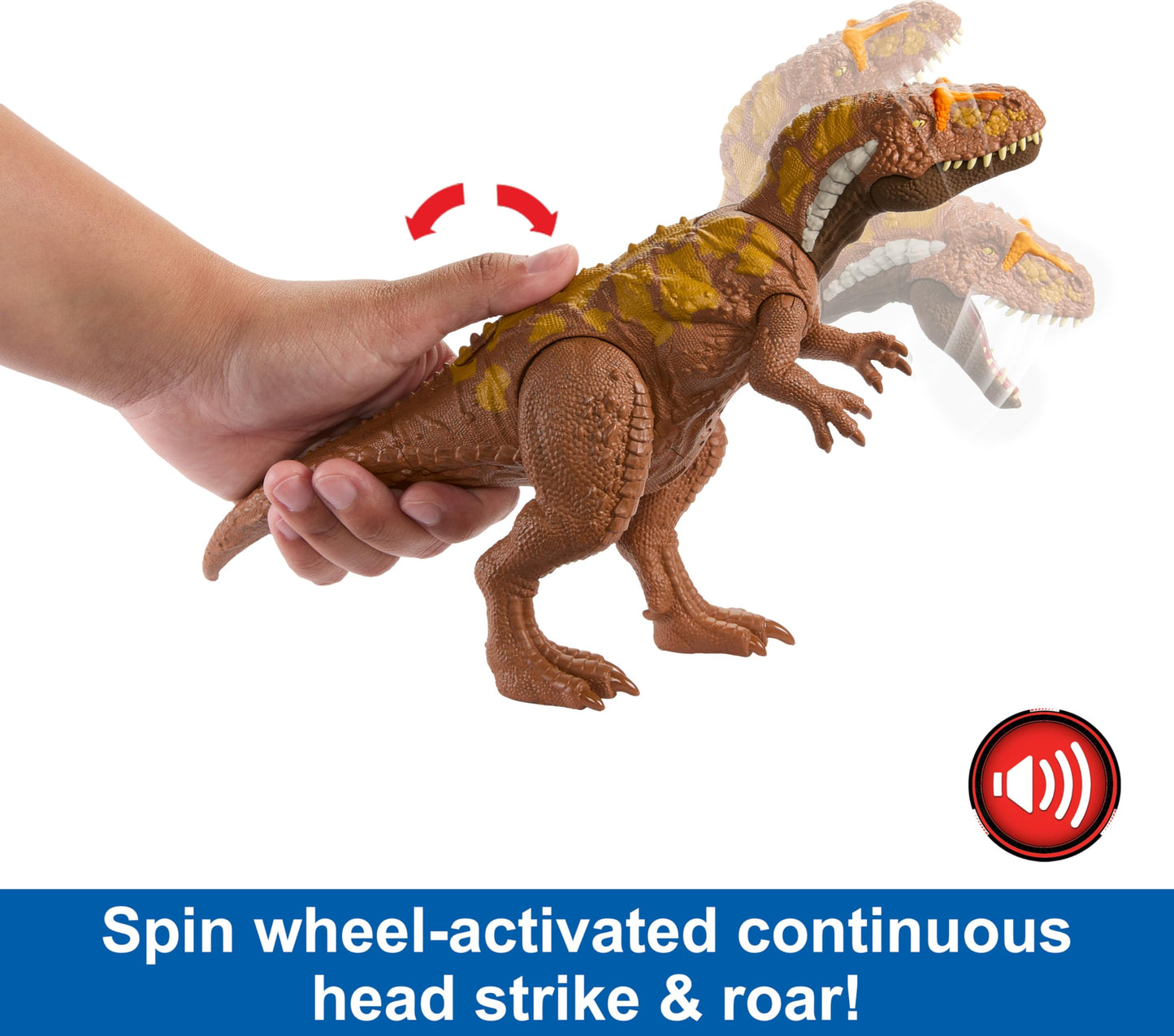 Mattel Jurassic World Wild Roar Megalosaurus: 11-Inch Action Figure with Sound, Spin-Wheel Attack & AR Play