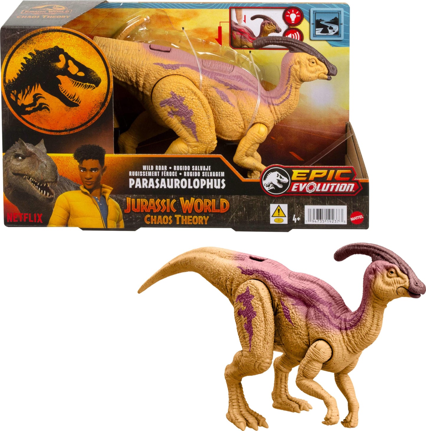 Mattel Jurassic World Wild Roar Parasaurolophus – Glow Spine Reveal, Lights & Roar Action Figure