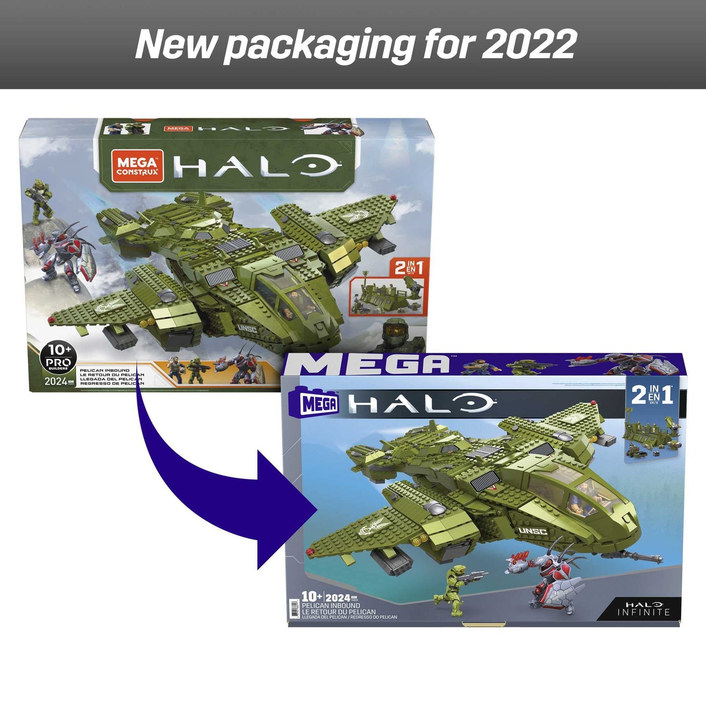 Mattel MEGA Halo Pelican Inbound Vehicle | 2024 Pieces, 3 Micro Figures, 2-in-1 Build | For Collectors