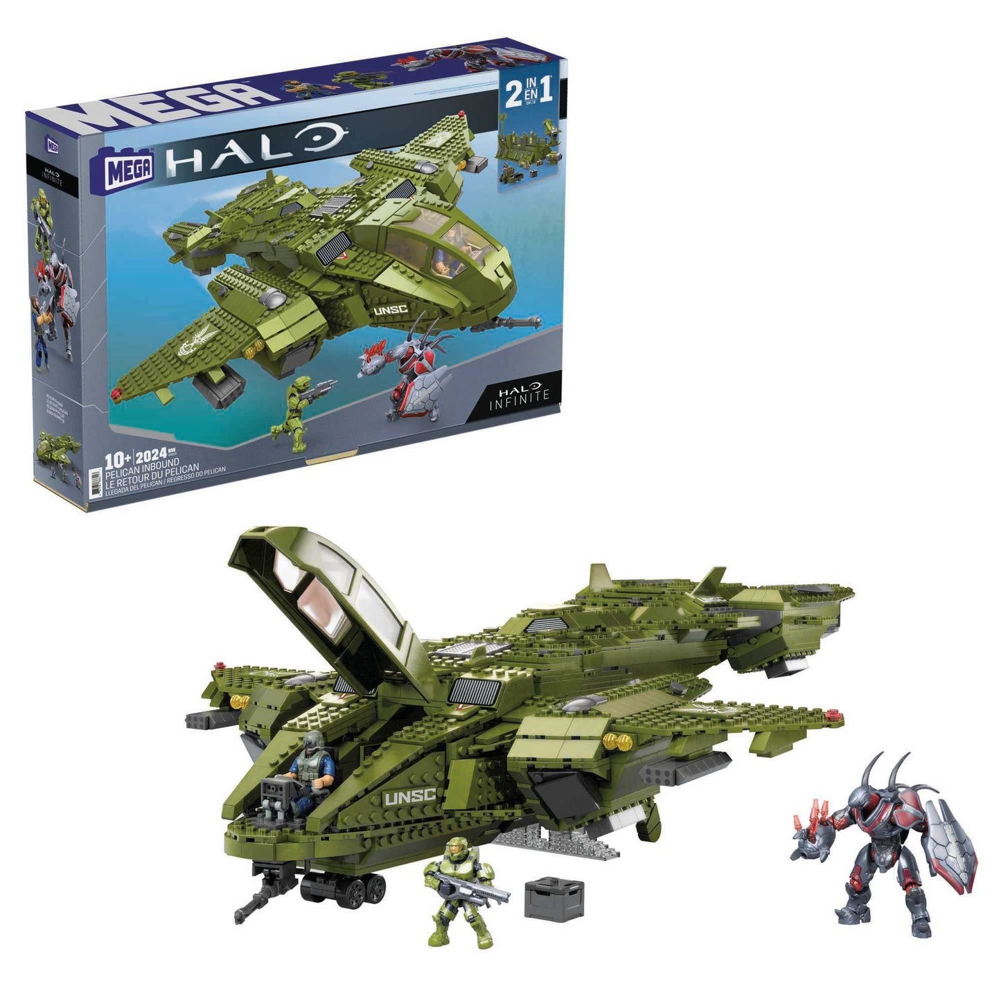 Mattel MEGA Halo Pelican Inbound Vehicle | 2024 Pieces, 3 Micro Figures, 2-in-1 Build | For Collectors