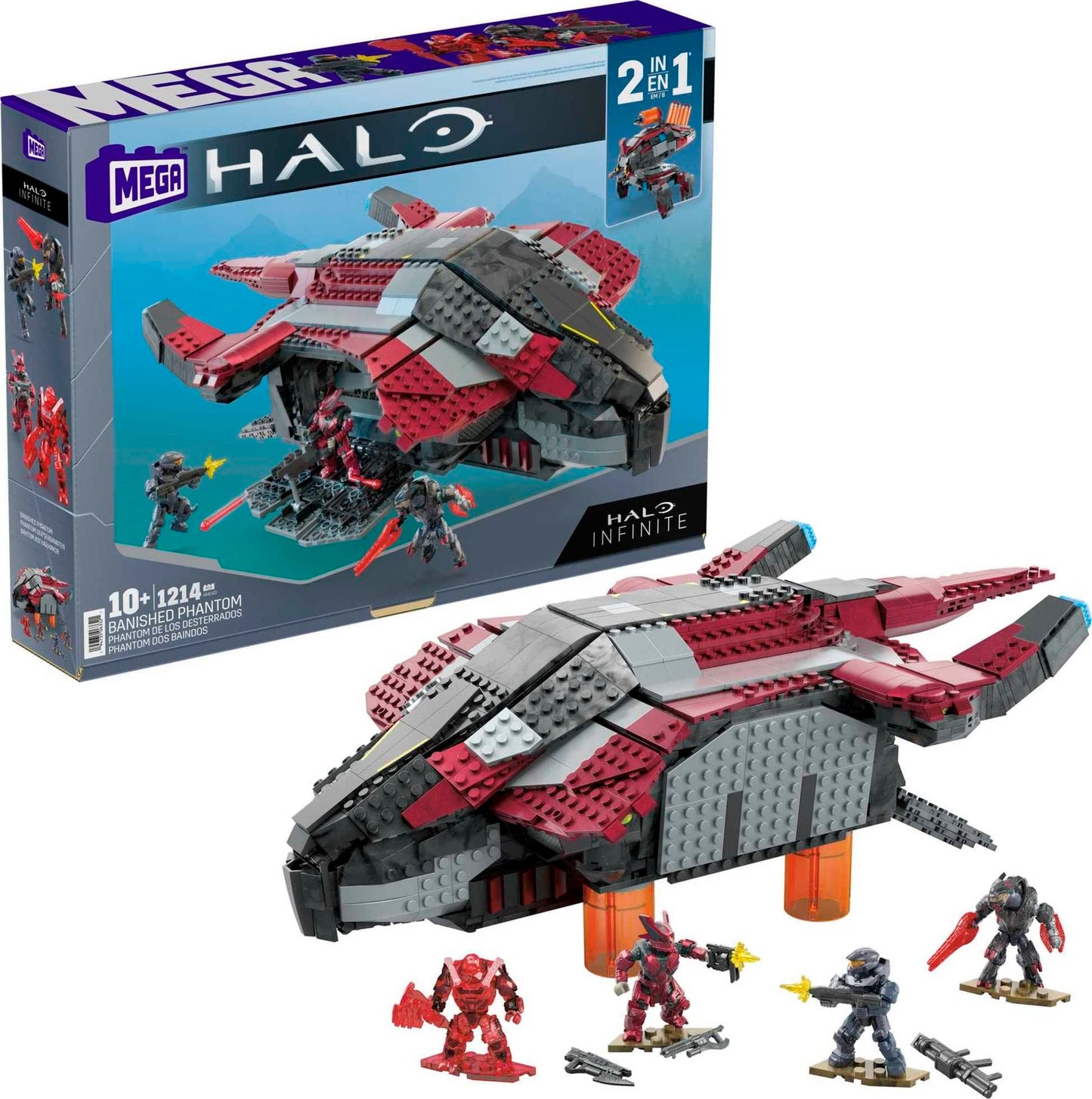 Mattel MEGA Halo Infinite Banished Phantom Dropship – 1214 Pieces, 4 Micro Figures