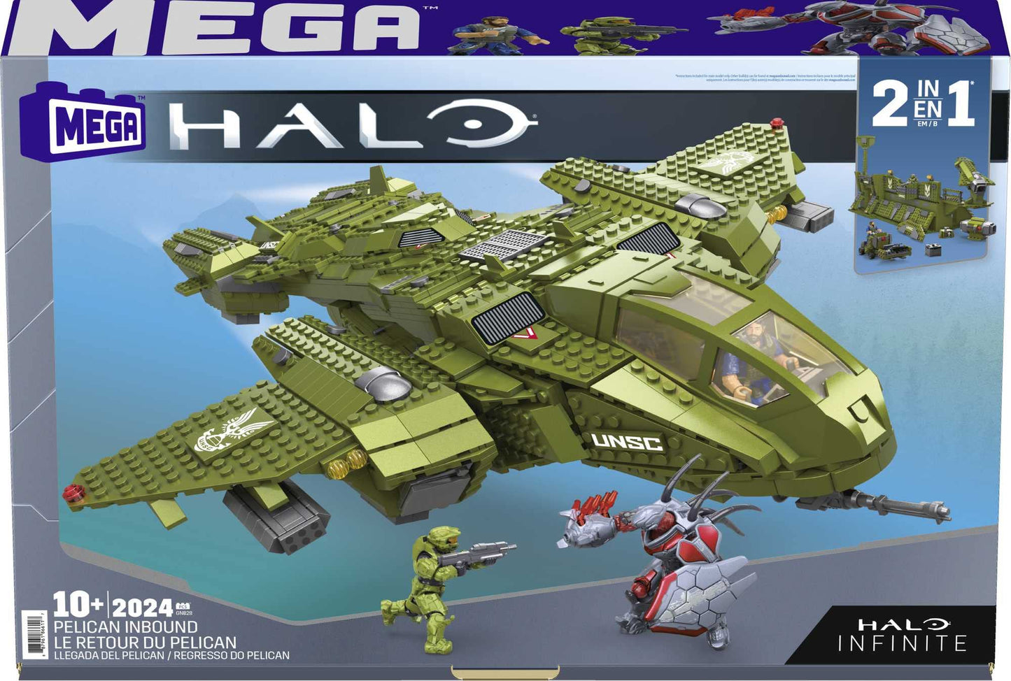 Mattel MEGA Halo Pelican Inbound Vehicle | 2024 Pieces, 3 Micro Figures, 2-in-1 Build | For Collectors
