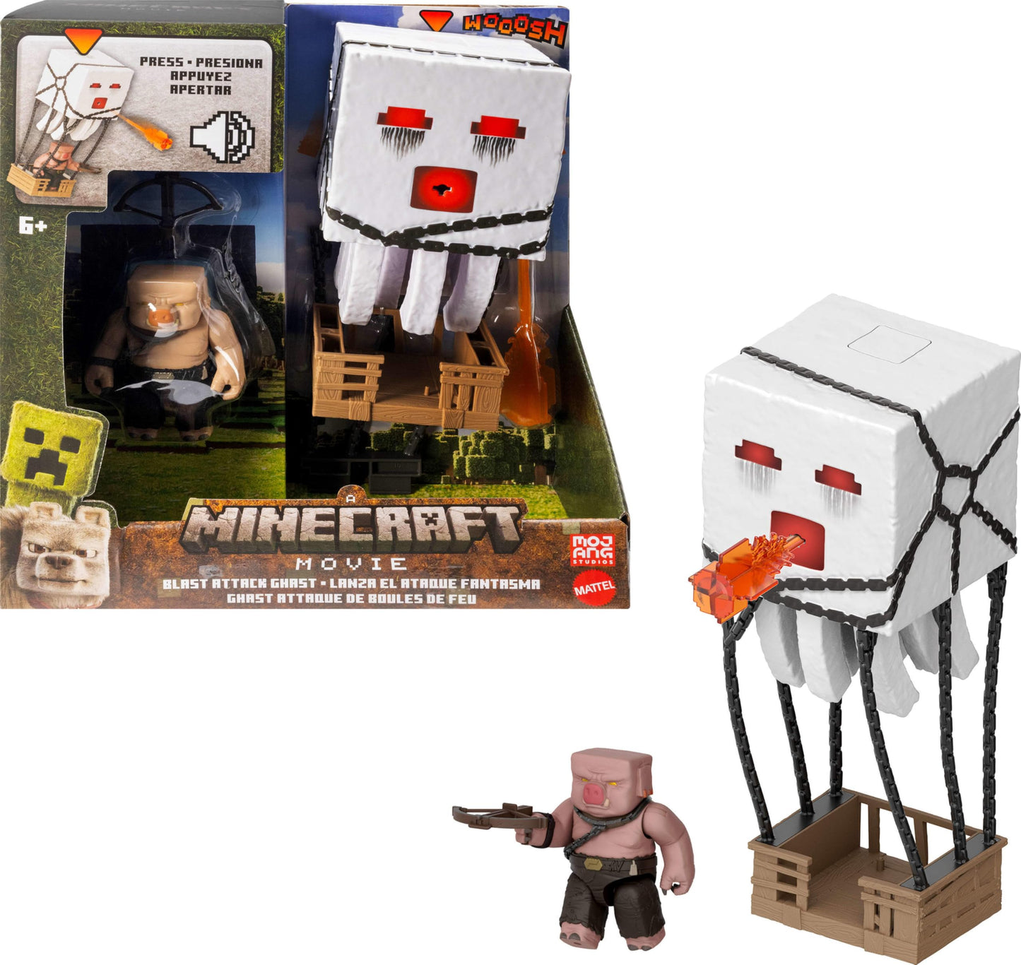 Mattel Minecraft Blast Attack Ghast Action Figure Set — Lights, Sounds, Launcher & Piglin Warrior
