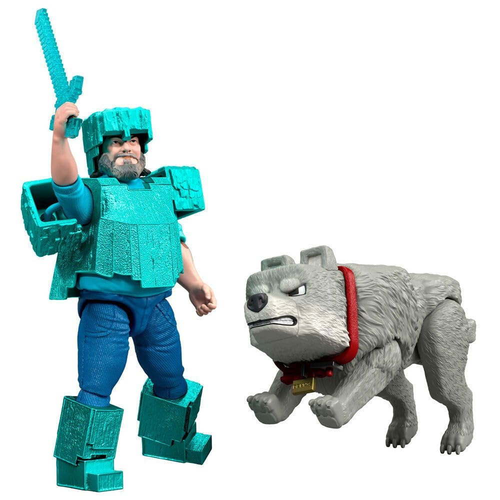 Mattel Minecraft 4-Inch Steve in Diamond Armor with Dennis Wolf 2-Pack | Movie-Inspired Action Figures
