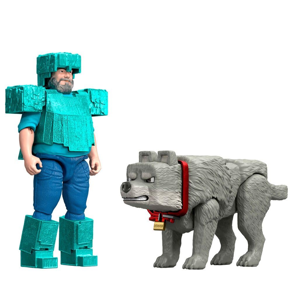 Mattel Minecraft 4-Inch Steve in Diamond Armor with Dennis Wolf 2-Pack | Movie-Inspired Action Figures