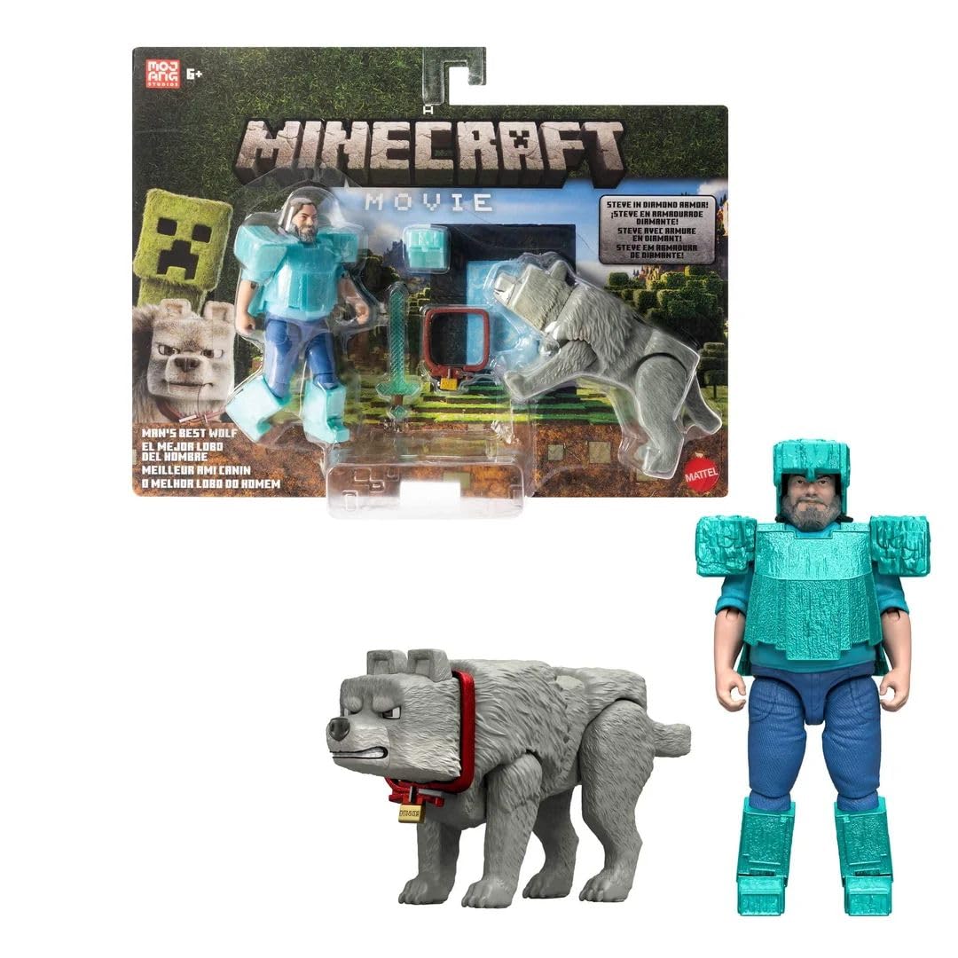 Mattel Minecraft 4-Inch Steve in Diamond Armor with Dennis Wolf 2-Pack | Movie-Inspired Action Figures