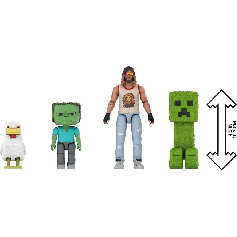 Mattel Minecraft Movie Garrett, Creeper, Zombie & Chicken Action Figure 4-Pack – Woodland Mansion Throwdown