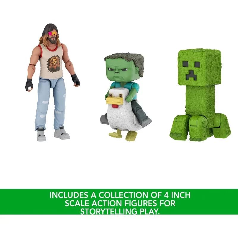 Mattel Minecraft Movie Garrett, Creeper, Zombie & Chicken Action Figure 4-Pack – Woodland Mansion Throwdown
