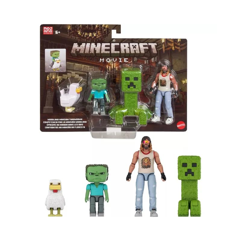 Mattel Minecraft Movie Garrett, Creeper, Zombie & Chicken Action Figure 4-Pack – Woodland Mansion Throwdown