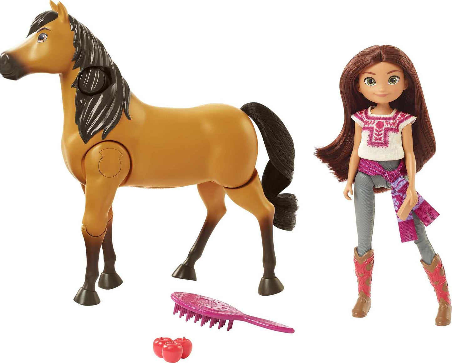 Mattel Spirit Untamed Lucky Doll & Spirit Horse Ride Together Playset – Jumps, Walks, Grooming Brush & Apples