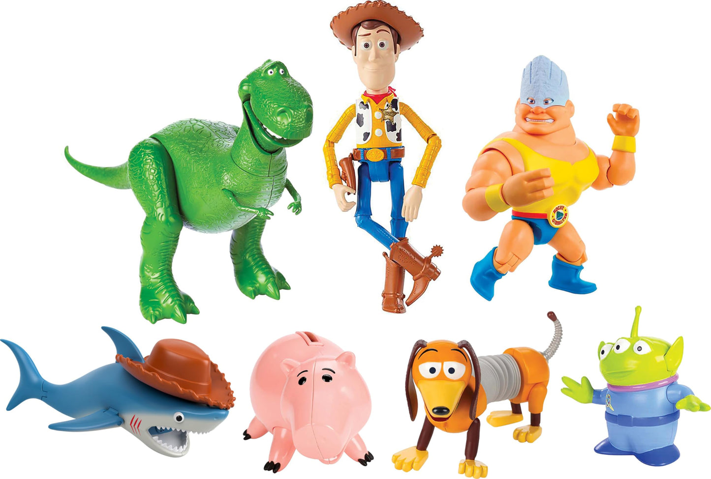 Mattel Disney100 Toy Story 7-Figure Pack: Woody, Slinky, Rex, Hamm, Alien, Rocky & Shark