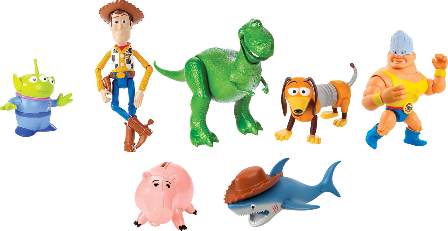 Mattel Disney100 Toy Story 7-Figure Pack: Woody, Slinky, Rex, Hamm, Alien, Rocky & Shark