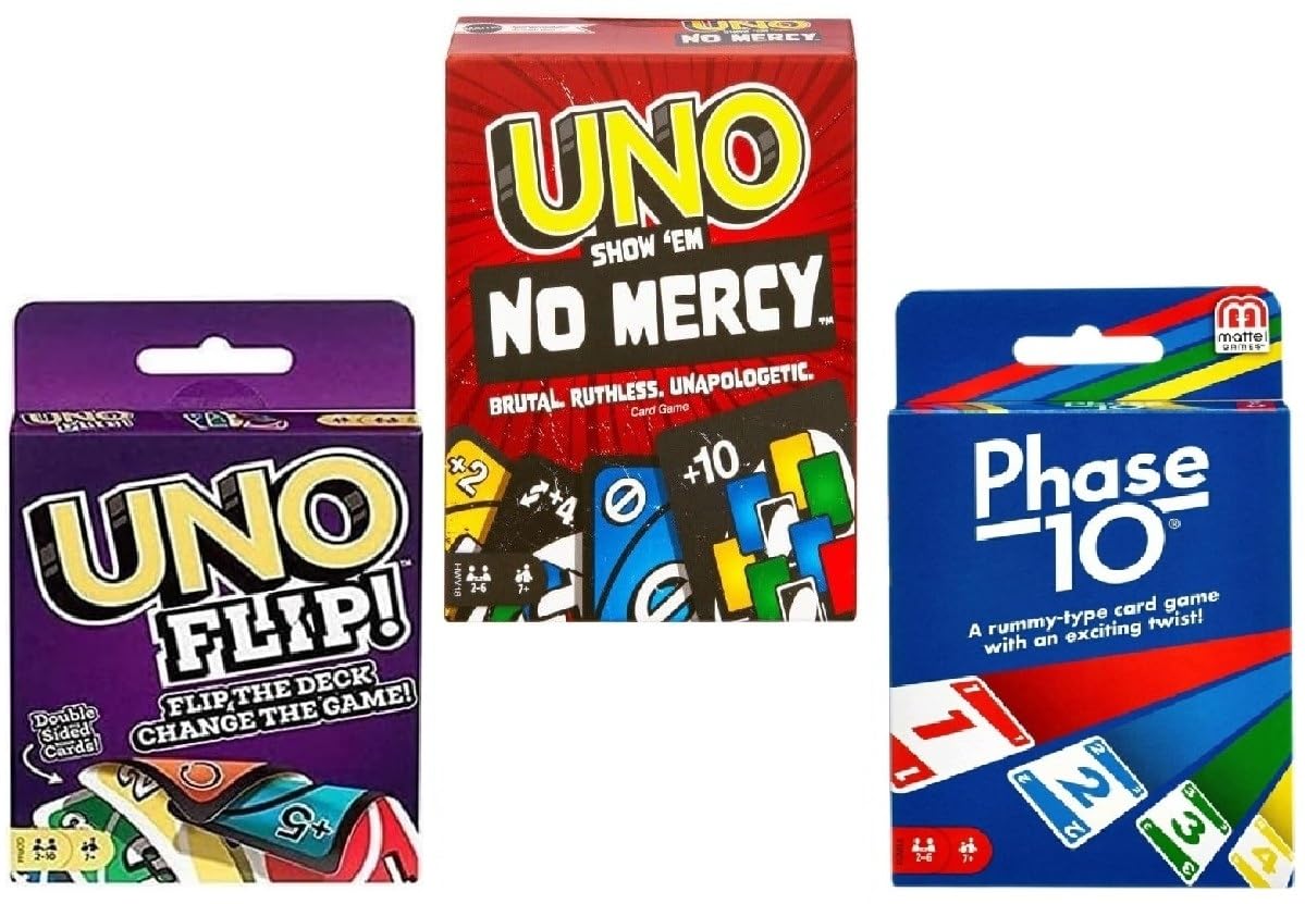 Mattel Uno No Mercy, Flip & Phase 10 Card Game Combo Pack – 3 Classic Party Games