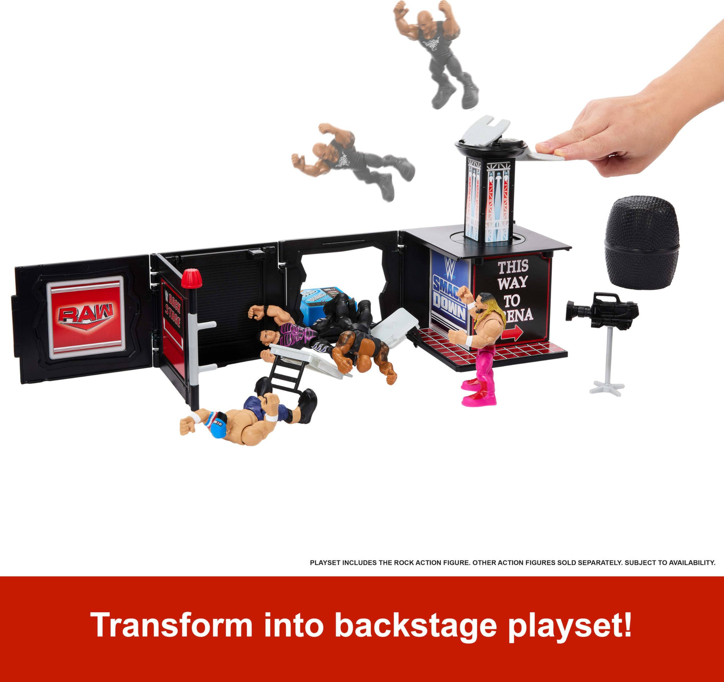 Mattel WWE Knuckle Crunchers Final Boss Microphone Playset with The Rock Figure | 2-in-1 Backstage Battle