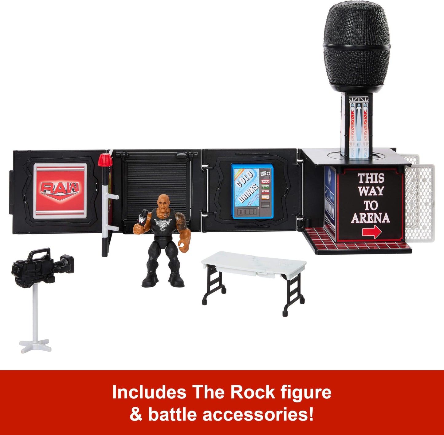 Mattel WWE Knuckle Crunchers Final Boss Microphone Playset with The Rock Figure | 2-in-1 Backstage Battle