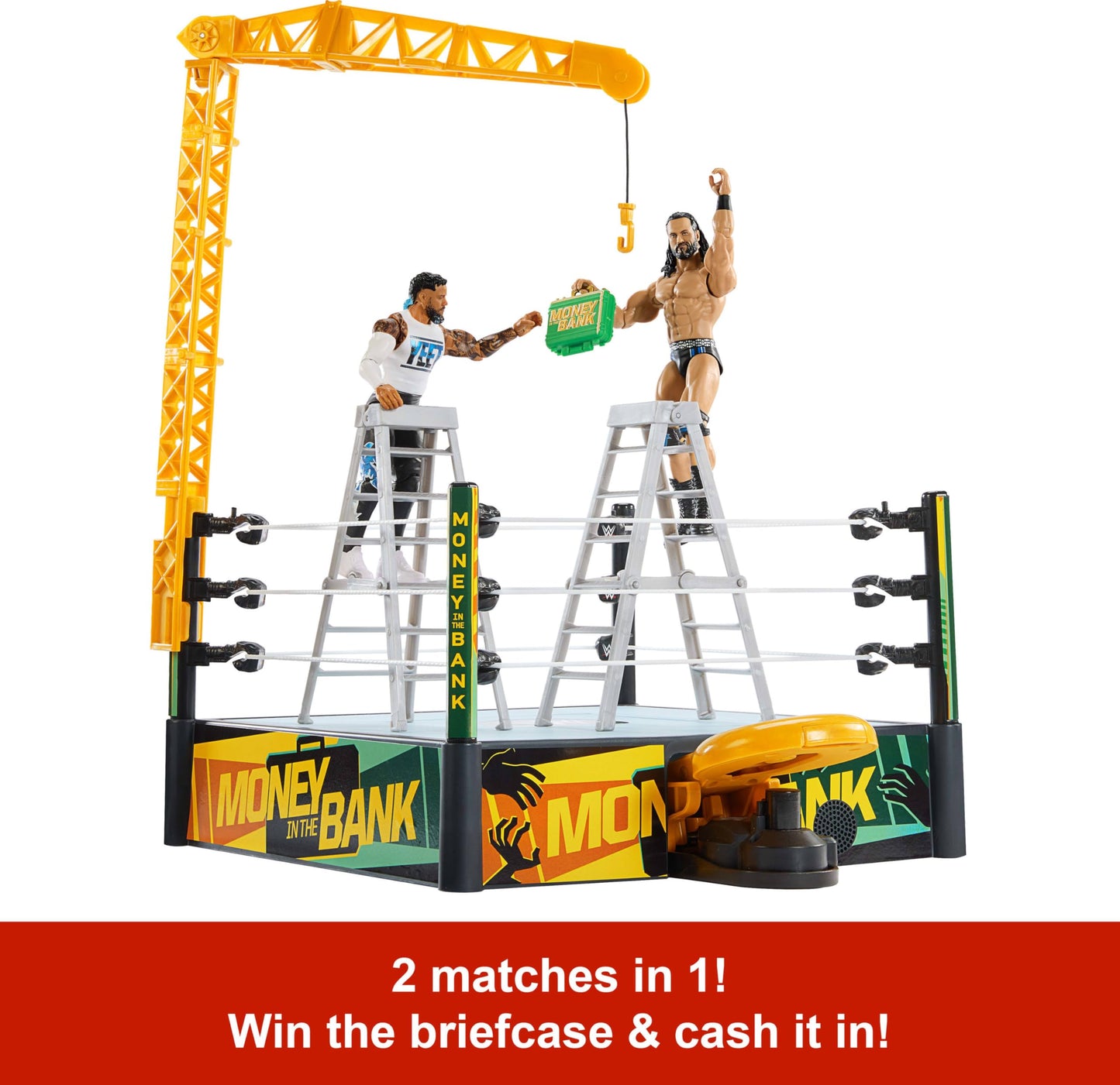 Mattel WWE Money in the Bank Cash-In Ring Playset – 13-Inch x 20-Inch, 2 Modes, 40+ Sounds, Launcher Crane & Ladders