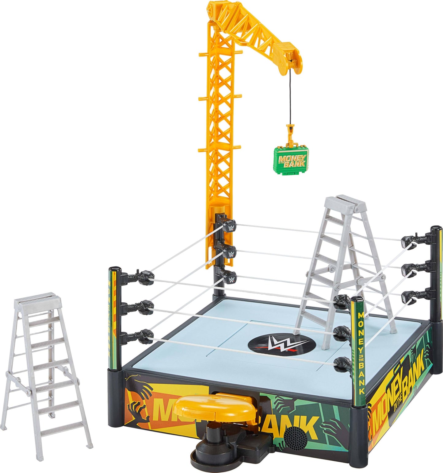 Mattel WWE Money in the Bank Cash-In Ring Playset – 13-Inch x 20-Inch, 2 Modes, 40+ Sounds, Launcher Crane & Ladders