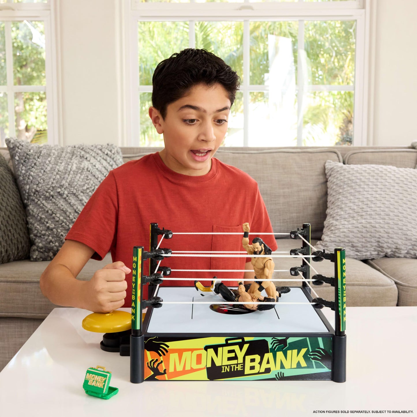 Mattel WWE Money in the Bank Cash-In Ring Playset – 13-Inch x 20-Inch, 2 Modes, 40+ Sounds, Launcher Crane & Ladders