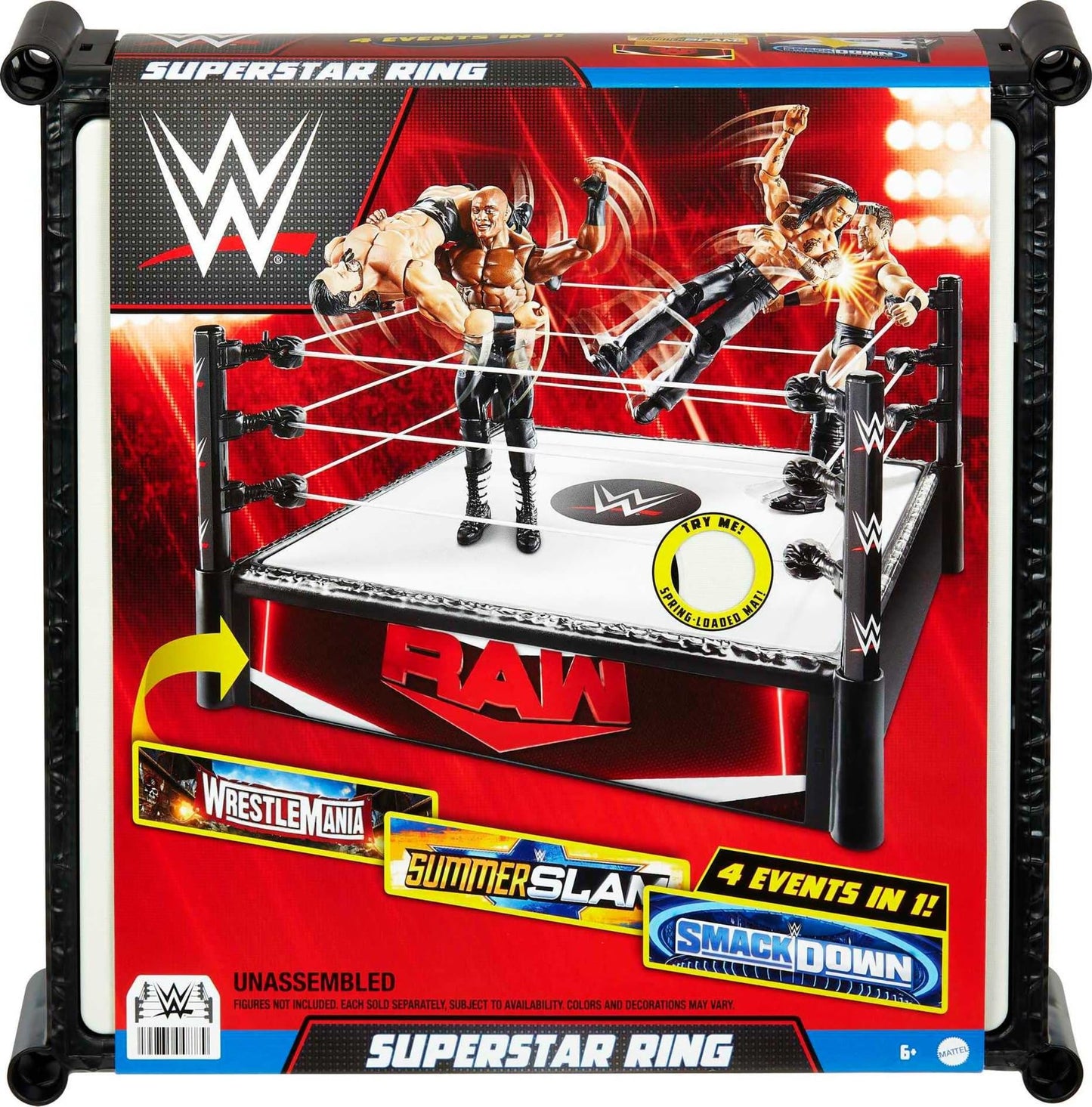 Mattel WWE Superstar Ring 14-Inch with Pro-Tension Ropes, Spring-Loaded Mat, and 4 Apron Stickers