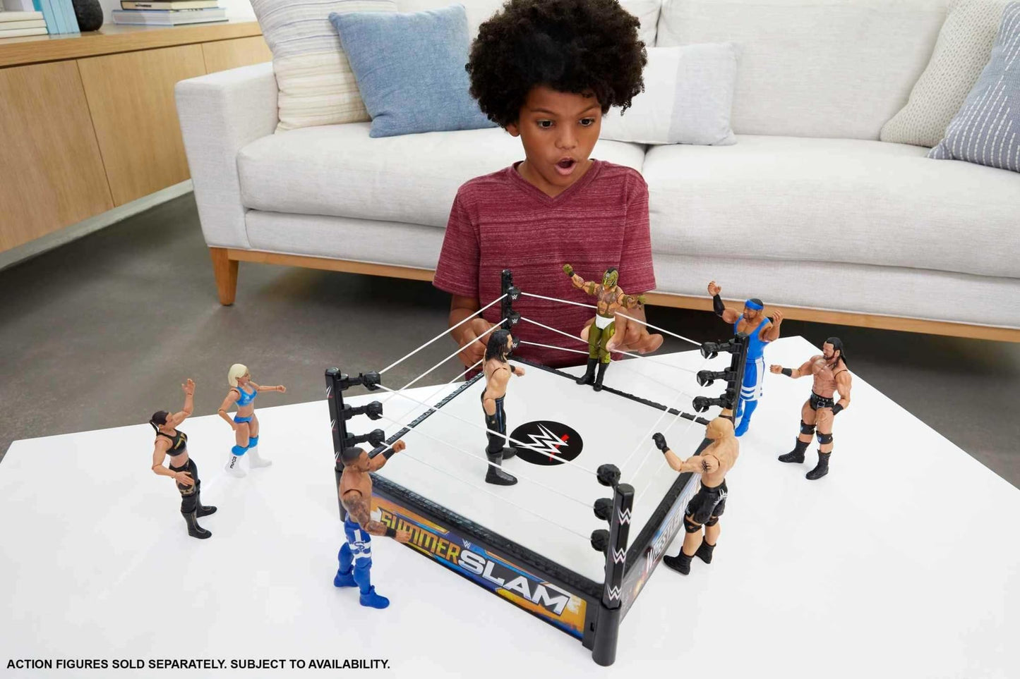 Mattel WWE Superstar Ring 14-Inch with Pro-Tension Ropes, Spring-Loaded Mat, and 4 Apron Stickers
