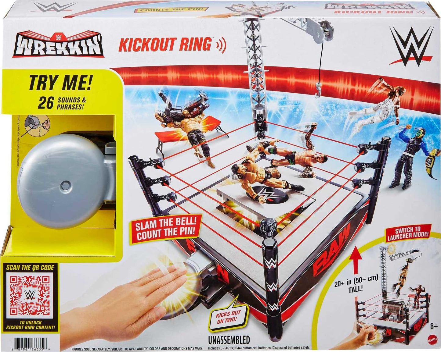 Mattel WWE Wrekkin Kickout Ring Playset – 2 Modes, Launcher, Crane & Championship (13 x 20 in)