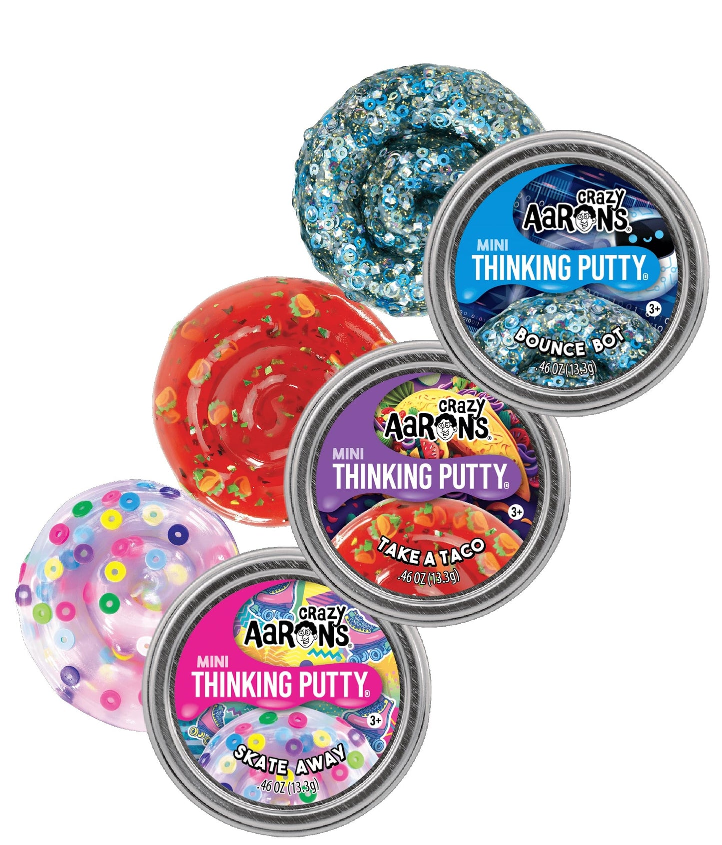 Matty's Toy Stop Crazy Aaron's Putty Mini Tins Bundle - Bounce Bot, Skate Away & Take-A-Taco 3-Pack (13.3g Each)