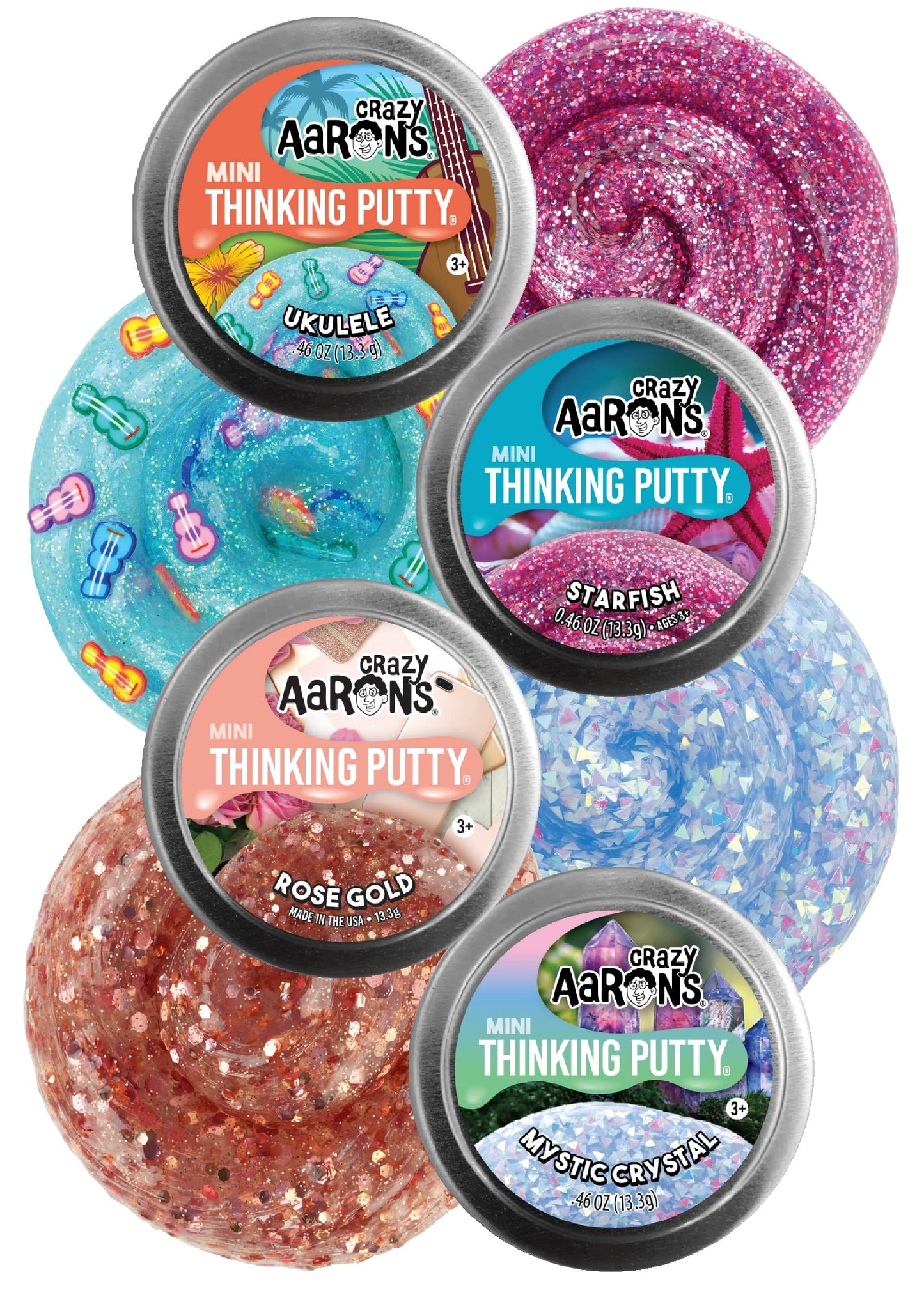 Crazy Aaron's Putty Mini Tins Gift Set – Mystical Crystal, Ukulele, Starfish, Rose Gold (4x13.3g) | Matty's Toy Stop