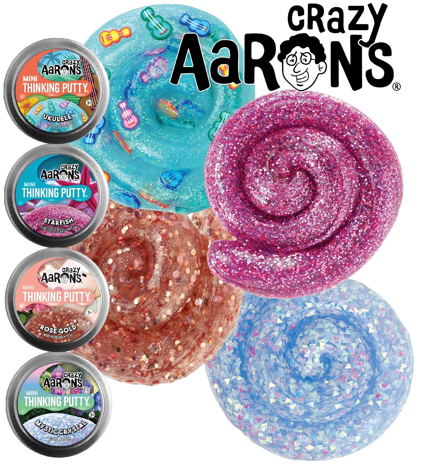 Crazy Aaron's Putty Mini Tins Gift Set – Mystical Crystal, Ukulele, Starfish, Rose Gold (4x13.3g) | Matty's Toy Stop